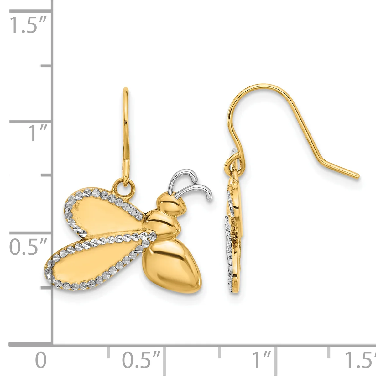 A pair of gold bee-shaped earrings with diamond accents on the wings, shown front and side view against a measurement scale.