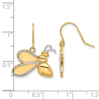 A pair of gold bee-shaped earrings with diamond accents on the wings, shown front and side view against a measurement scale.