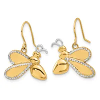 Pair of gold bee-shaped earrings with crystal-embellished wings on hook-style ear wires, shown from front and back views.