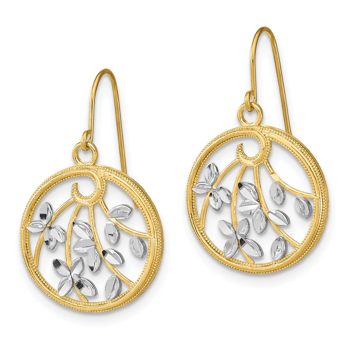 Pair of gold drop earrings with circular pendants featuring silver leaf designs suspended within textured gold frames.
