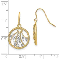 Pair of two-tone gold dangle earrings with circular filigree leaf design and fish hook closures, shown with measurement scale.