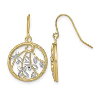 Pair of gold dangle earrings with circular pendants featuring leaf motifs in two-tone gold and silver, shown from front and side views.