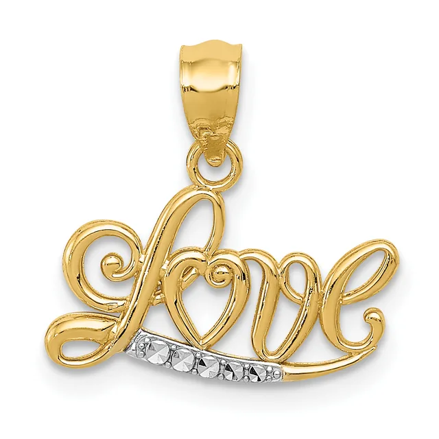 Gold pendant with the word "Love" in cursive script, featuring a small heart symbol and white diamond accents along the bottom, with a bail loop at the top.
