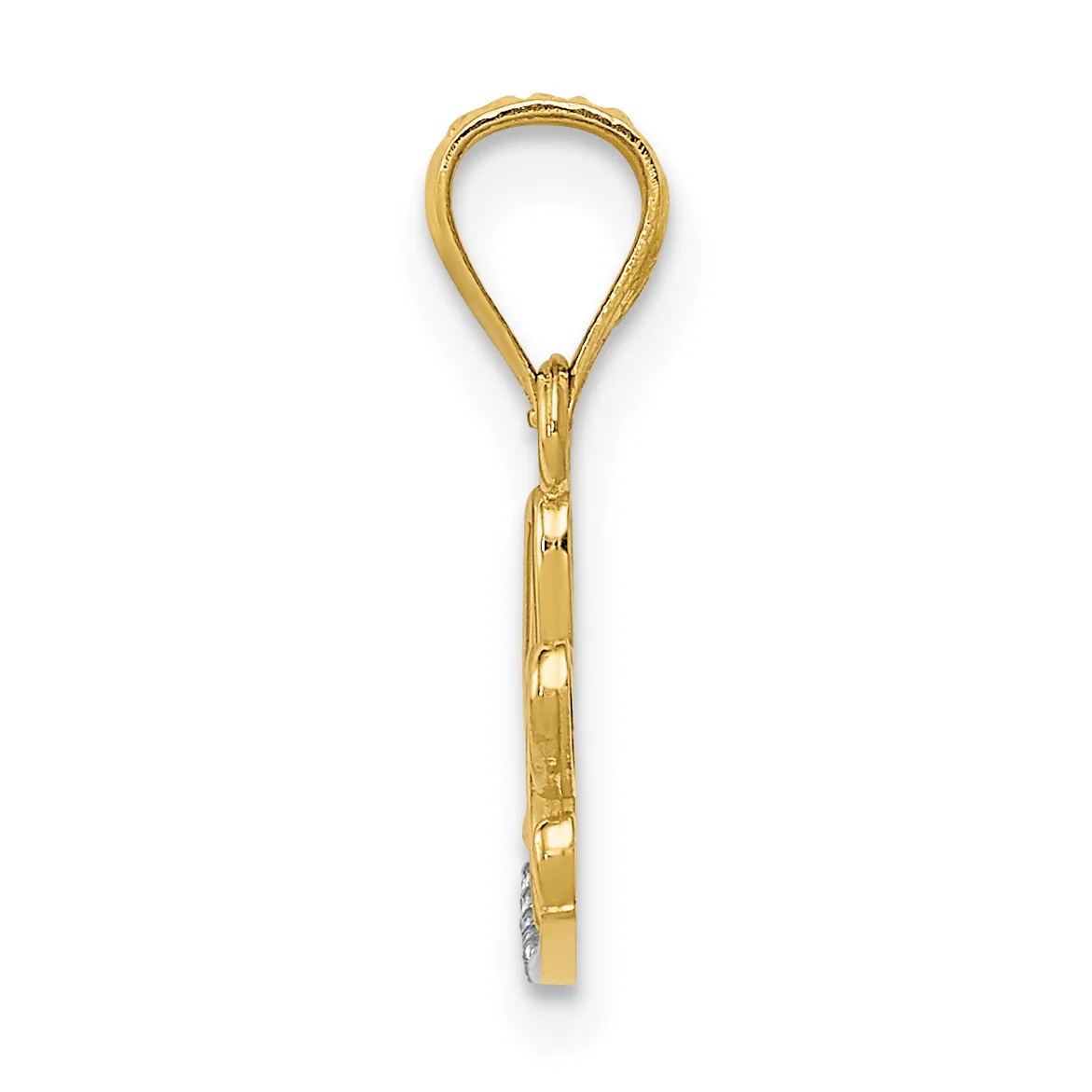 A gold teardrop-shaped pendant with a textured finish and a small stamped hallmark on the bail, shown hanging against a white background.