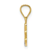 A gold teardrop-shaped pendant with a textured finish and a small stamped hallmark on the bail, shown hanging against a white background.