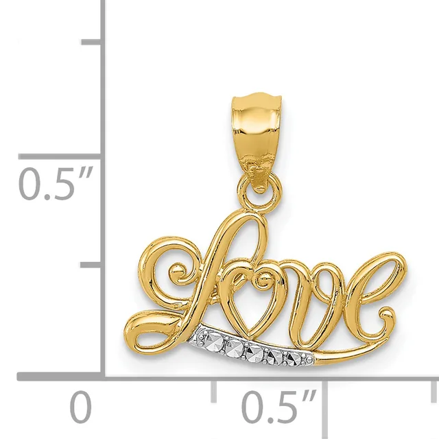 Gold pendant shaped as the word "Love" with a small bail at the top and a row of round diamonds set along the bottom, shown against a measurement scale.