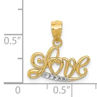 Gold pendant shaped as the word "Love" with a small bail at the top and a row of round diamonds set along the bottom, shown against a measurement scale.