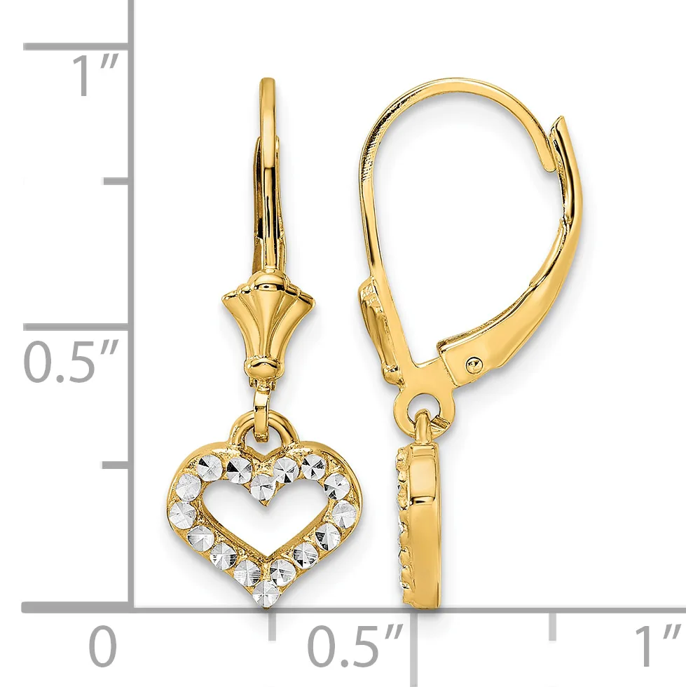 Pair of gold-toned leverback earrings with decorative cone-shaped tops and hollow heart pendants outlined with clear crystals, shown next to a measurement scale.