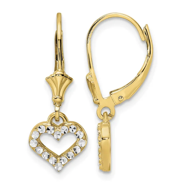 A pair of gold leverback earrings with heart-shaped pendants outlined in round cubic zirconia stones, shown from front and side views.