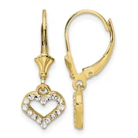 A pair of gold leverback earrings with heart-shaped pendants outlined in round cubic zirconia stones, shown from front and side views.