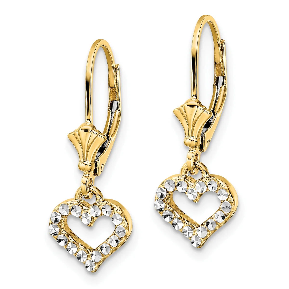A pair of gold lever-back earrings with heart-shaped pendants outlined in clear crystals.