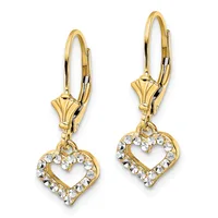 A pair of gold lever-back earrings with heart-shaped pendants outlined in clear crystals.