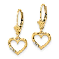 Pair of gold heart-shaped dangle earrings with lever-back closures and small diamond accents on the hearts.