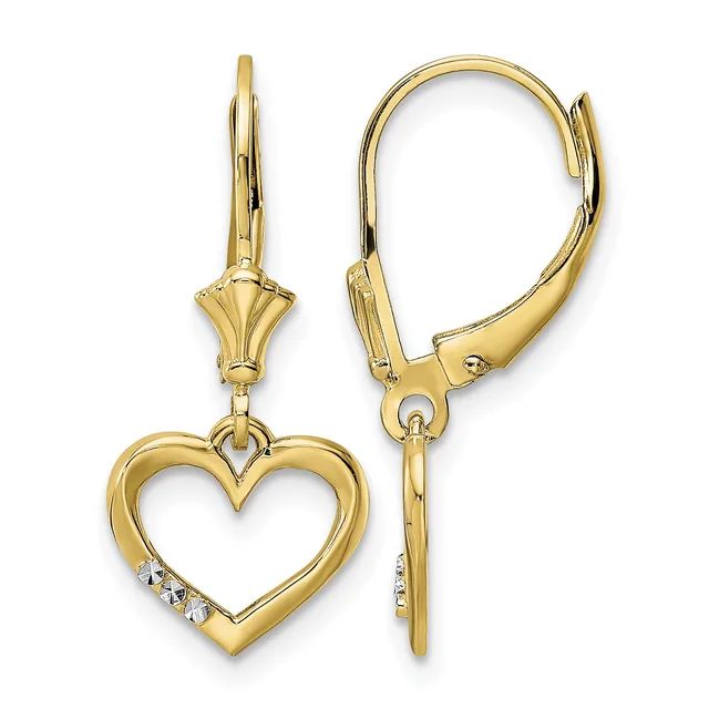 Pair of gold-colored leverback earrings with decorative caps at the top and open heart charms below, accented with small diamonds on one side of each heart.