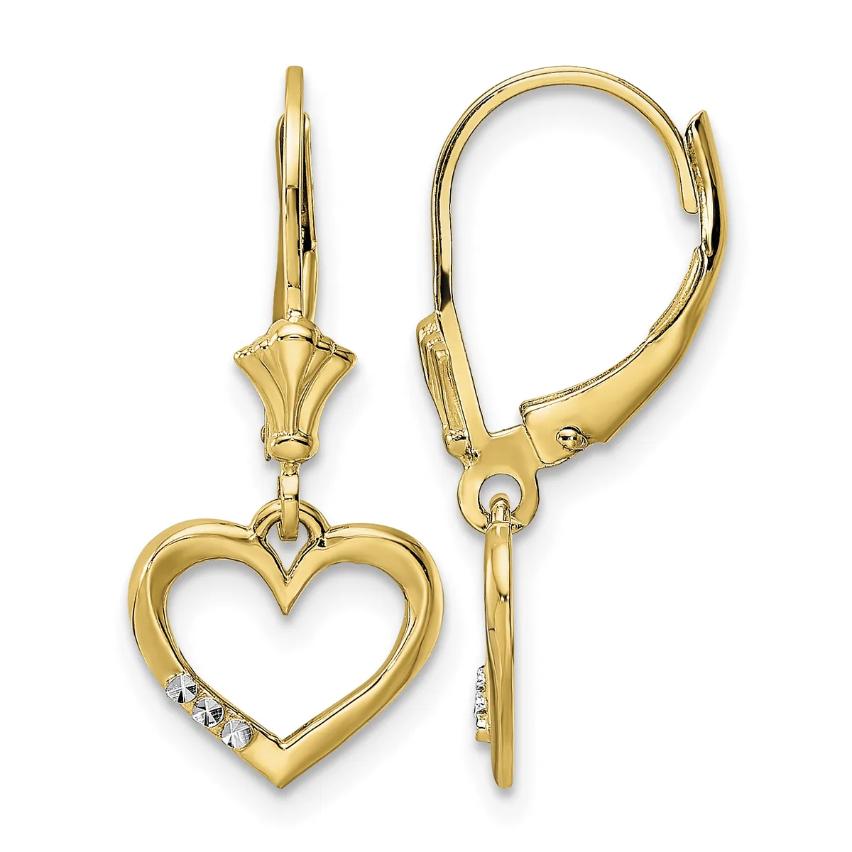 Pair of gold-colored leverback earrings with decorative caps at the top and open heart charms below, accented with small diamonds on one side of each heart.