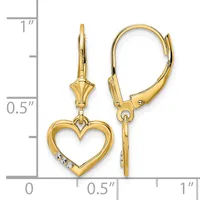 Gold-tone heart-shaped leverback earrings with diamond accents, shown next to a ruler indicating approximately one inch in length.