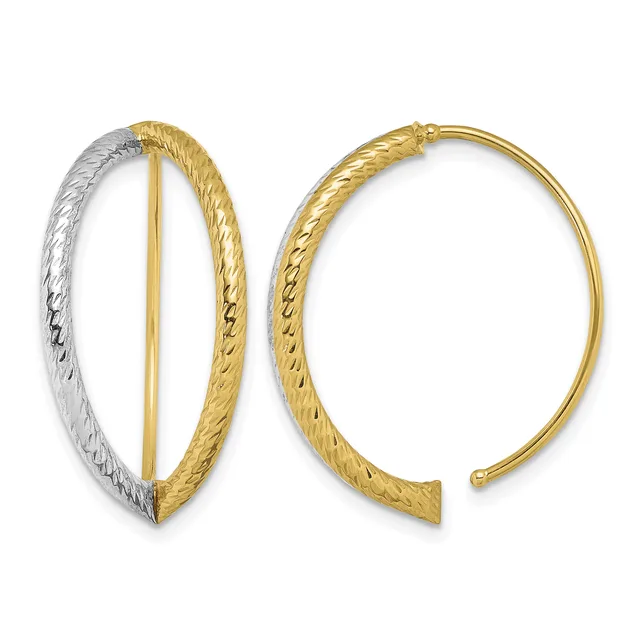 Two textured hinged bangle bracelets, one in silver and gold two-tone metal on the left and one in polished gold on the right, displayed open against a white background.