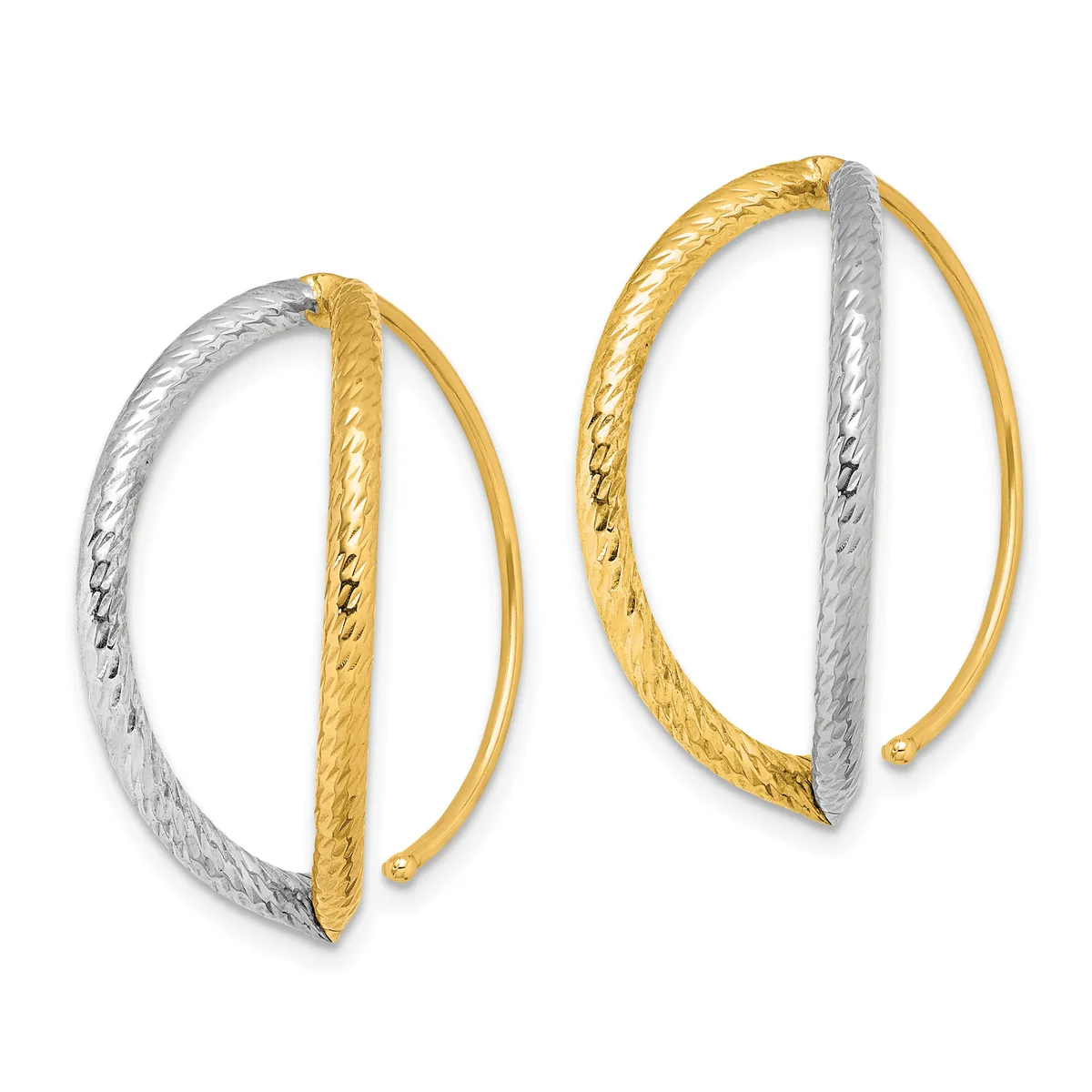 Two two-tone hoop earrings with textured yellow gold outer curves and polished white metal inner bars, displayed side by side.