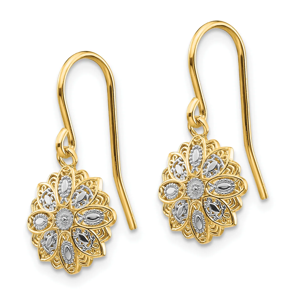 Pair of gold-colored drop earrings with ornate flower-shaped pendants set with oval and round crystals, suspended from curved ear wires.