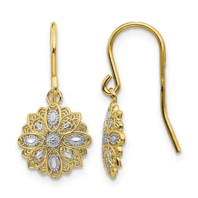Pair of gold drop earrings with ornate flower-shaped pendants set with oval and round white gemstones, shown from front and side views.