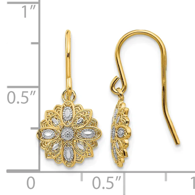Gold-toned filigree flower earrings with clear oval stone accents, shown on a scale measuring approximately one inch in length, displayed as a pair with front and side views.