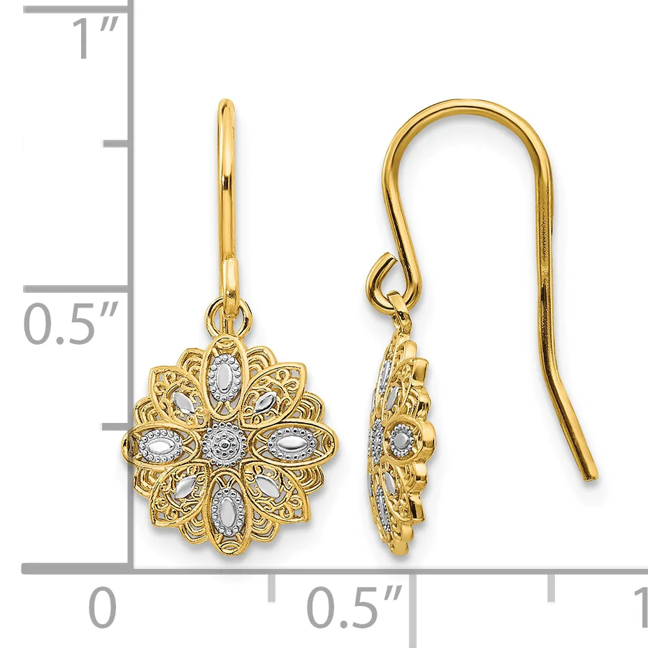 Gold-toned filigree flower earrings with clear oval stone accents, shown on a scale measuring approximately one inch in length, displayed as a pair with front and side views.