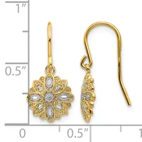 Gold-toned filigree flower earrings with clear oval stone accents, shown on a scale measuring approximately one inch in length, displayed as a pair with front and side views.