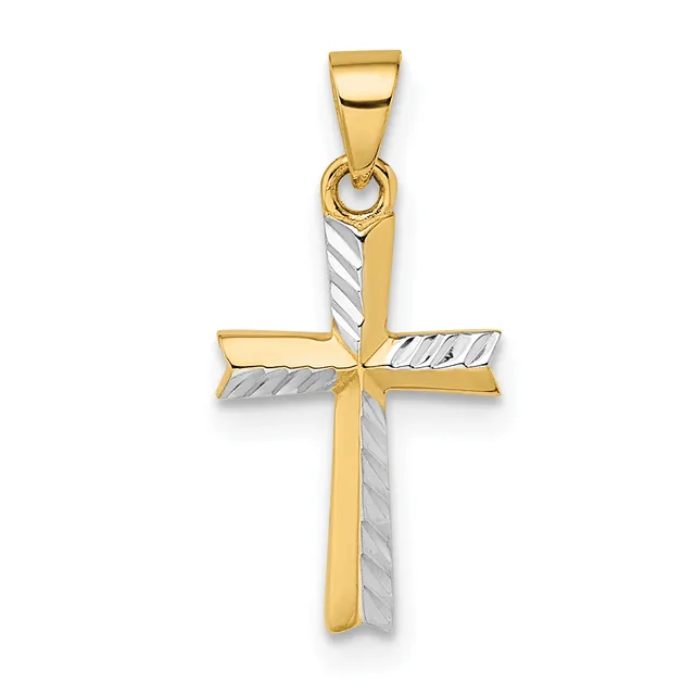 A two-tone gold cross pendant with a polished yellow gold finish on the outer edges and a textured white gold or silver-toned diagonal stripe pattern running through the center, suspended from a yellow gold bail.