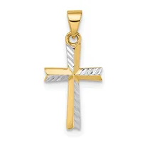 A two-tone gold cross pendant with a polished yellow gold finish on the outer edges and a textured white gold or silver-toned diagonal stripe pattern running through the center, suspended from a yellow gold bail.