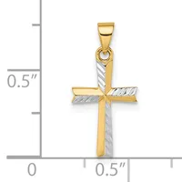 Two-tone gold cross pendant with textured white gold diagonal stripes on the arms, shown at actual size next to a ruler indicating approximately 0.5 inches.
