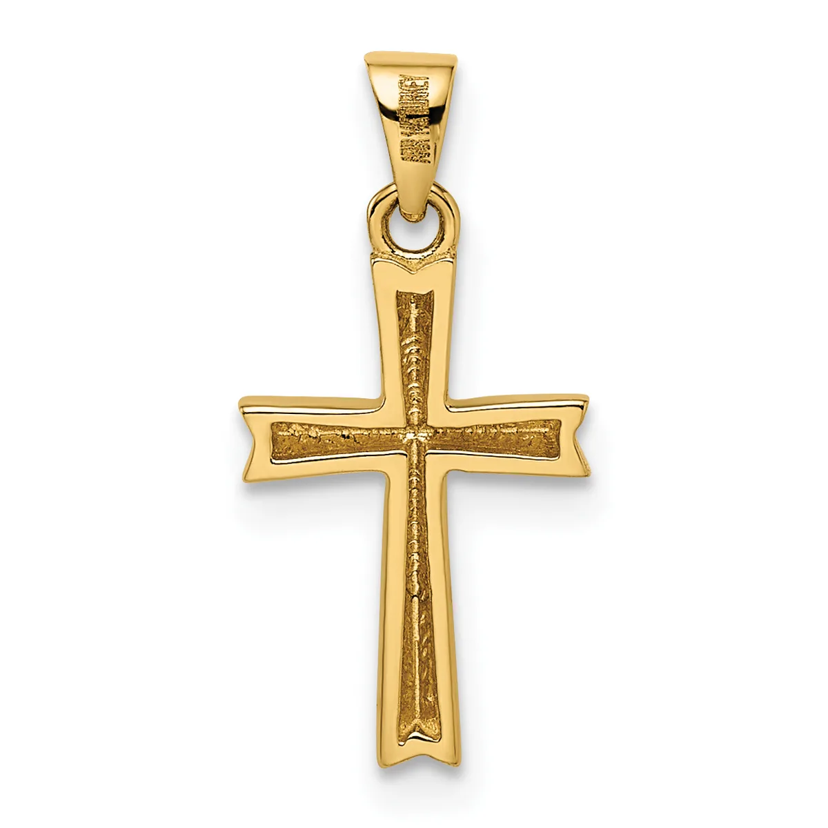 A gold cross pendant with textured surface detail and a small hallmark, suspended from a bail loop at the top.