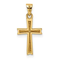 A gold cross pendant with textured surface detail and a small hallmark, suspended from a bail loop at the top.
