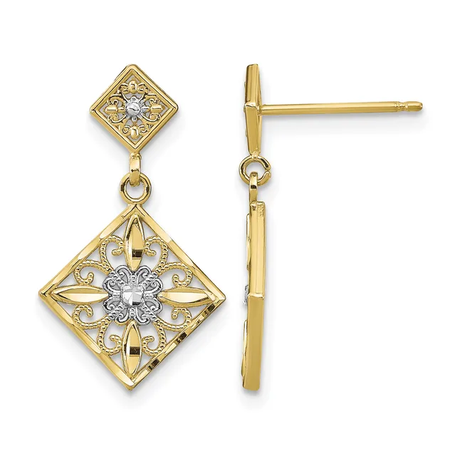 Pair of gold drop earrings with small diamond-shaped studs connected by chains to larger diamond-shaped filigree pendants with white gold centers, shown from front and side views.