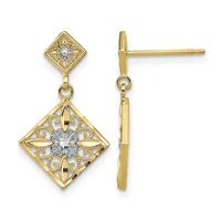Pair of gold drop earrings with small diamond-shaped studs connected by chains to larger diamond-shaped filigree pendants with white gold centers, shown from front and side views.