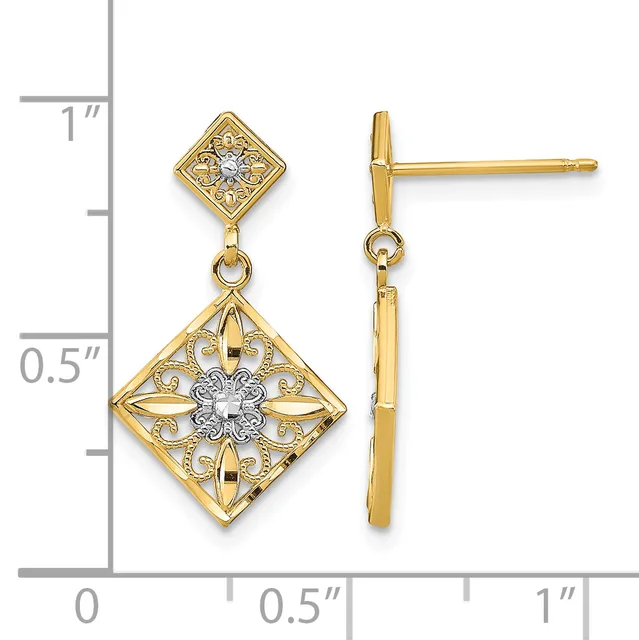 A pair of two-tiered diamond dangle earrings in yellow gold with filigree detailing, shown front and side view against a measurement scale.