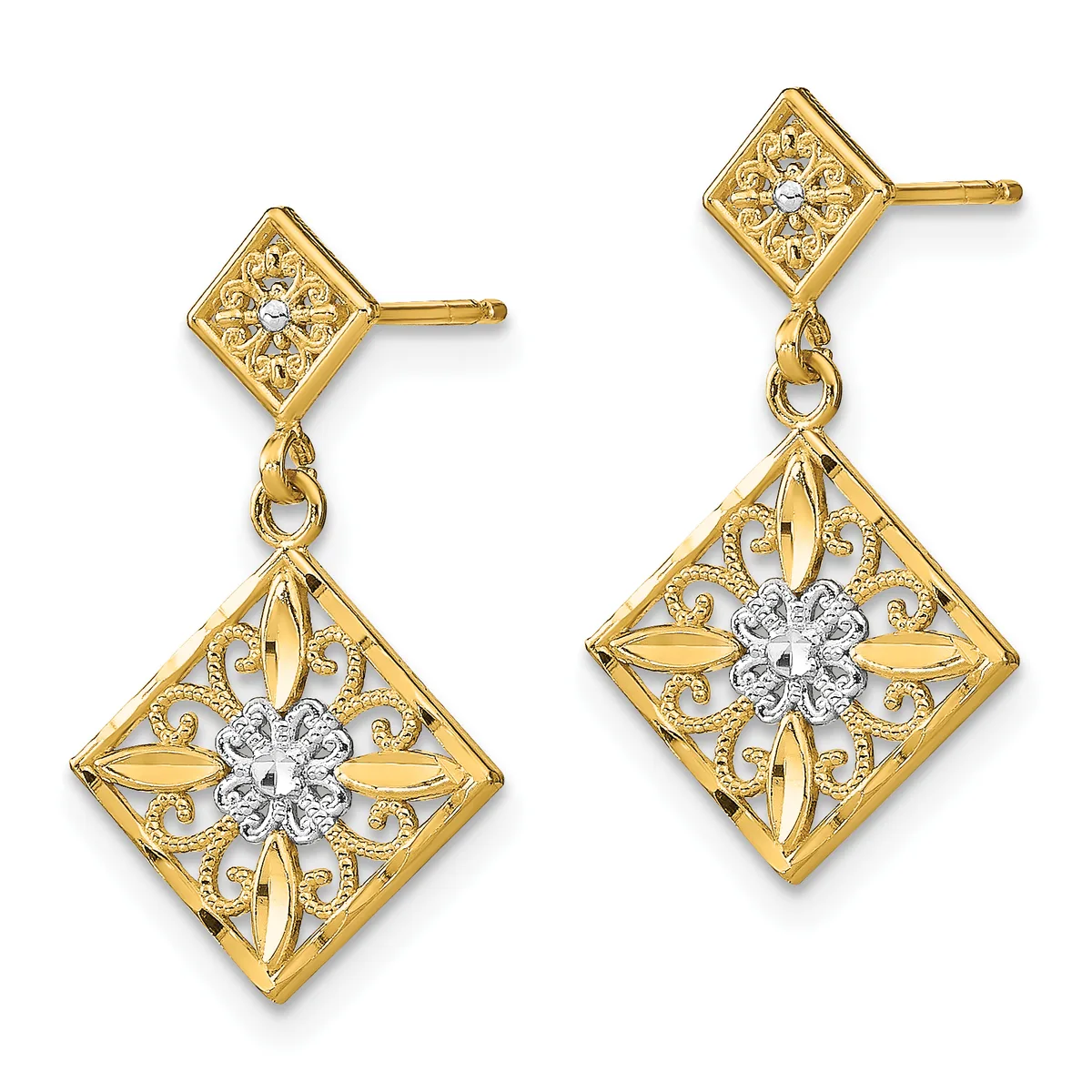 A pair of gold drop earrings with diamond-shaped tops featuring small diamonds, connected by loops to larger diamond-shaped pendants with ornate filigree designs and central diamonds.