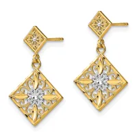 A pair of gold drop earrings with diamond-shaped tops featuring small diamonds, connected by loops to larger diamond-shaped pendants with ornate filigree designs and central diamonds.