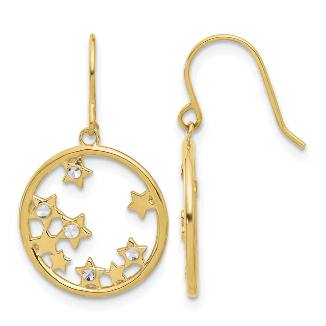 Pair of gold-colored star dangle earrings with circular frames containing multiple stars and clear crystal accents, shown from front and side views.
