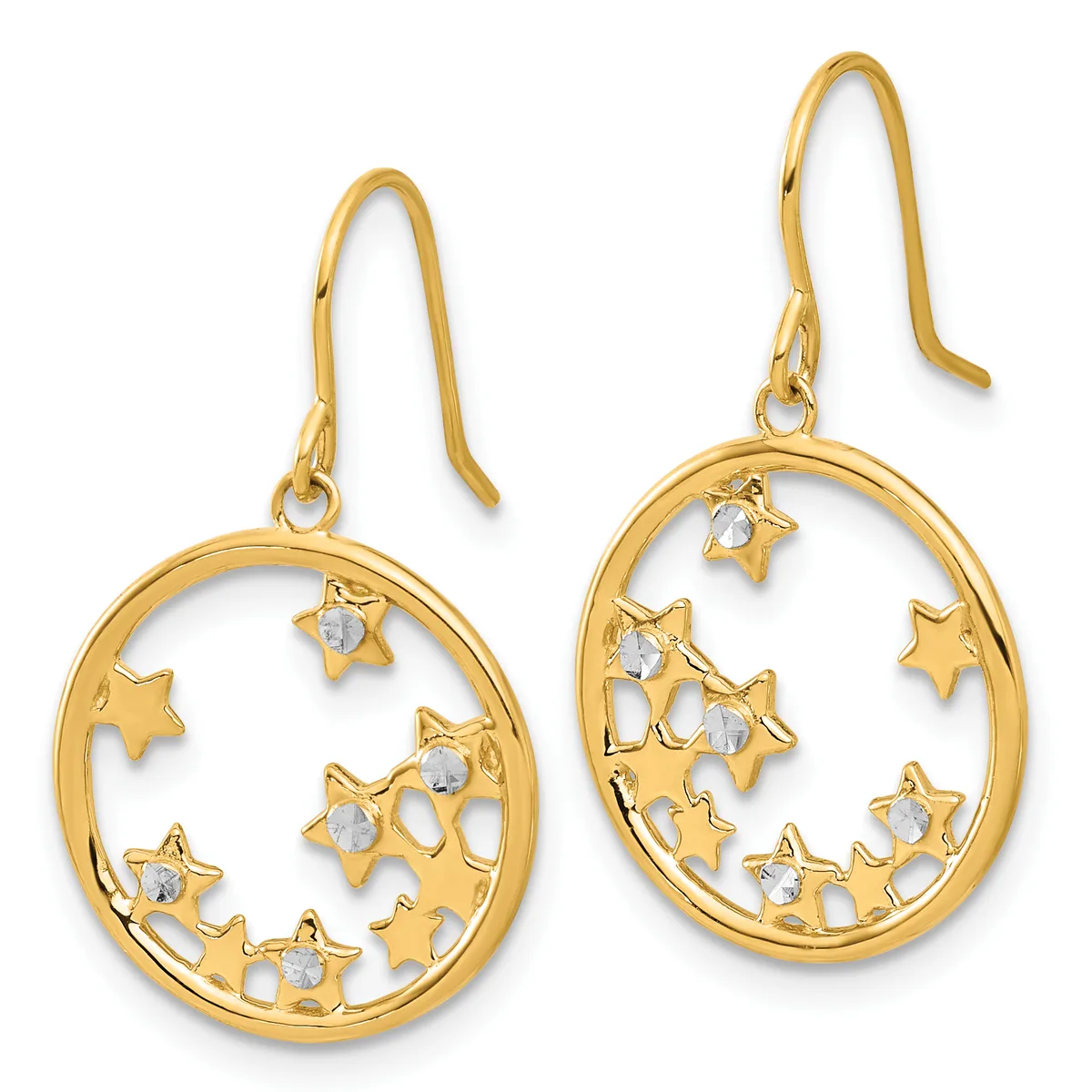 Pair of gold-tone drop earrings with oval frames containing star charms and small clear crystals, suspended from curved ear wires.