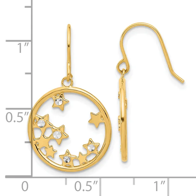 Gold-toned circular earrings with cutout stars and cubic zirconia accents, shown front and side view next to a measurement scale.