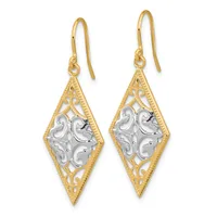 Pair of two-tone gold drop earrings with diamond-shaped filigree frames featuring silver-toned ornamental centers and fish hook closures.