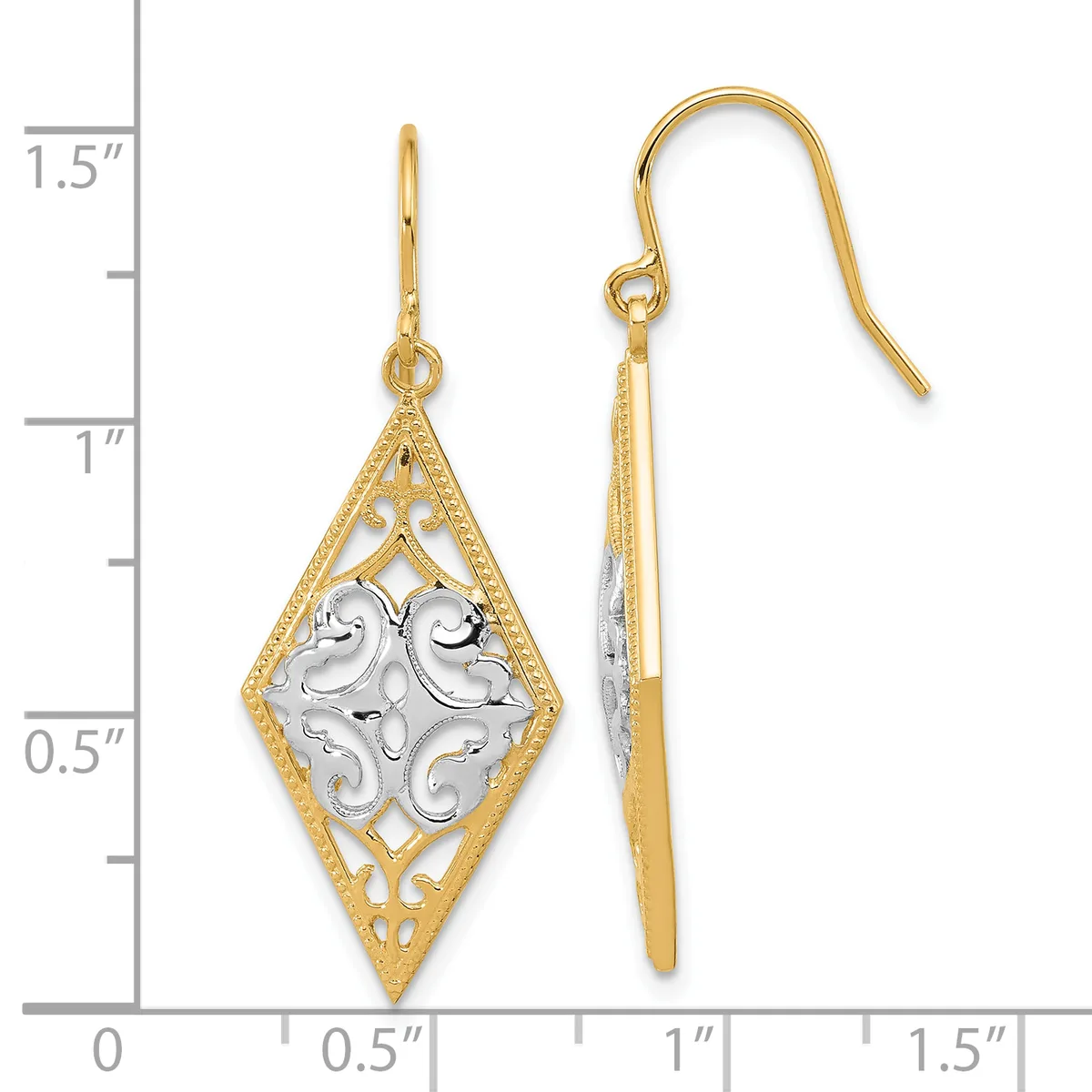 Pair of two-tone gold and silver diamond-shaped dangle earrings with filigree details and French wire hooks, shown against a measurement scale.