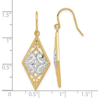 Pair of two-tone gold and silver diamond-shaped dangle earrings with filigree details and French wire hooks, shown against a measurement scale.