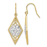 A pair of gold drop earrings with diamond-shaped frames featuring filigree designs and white metal ornamental centers, shown front and back views.