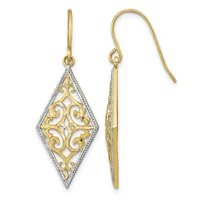 Pair of gold filigree diamond earrings with diamond-accented diamond-shaped pendants shown from front and side views.