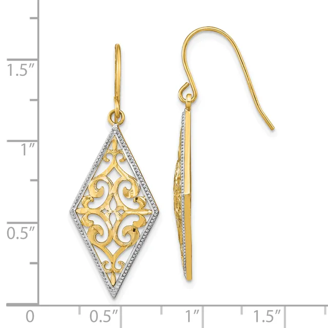 Two-tone gold and diamond filigree diamond-shaped dangle earrings with fish hook wires, displayed next to a measurement scale showing approximately 1.5 inches in length.