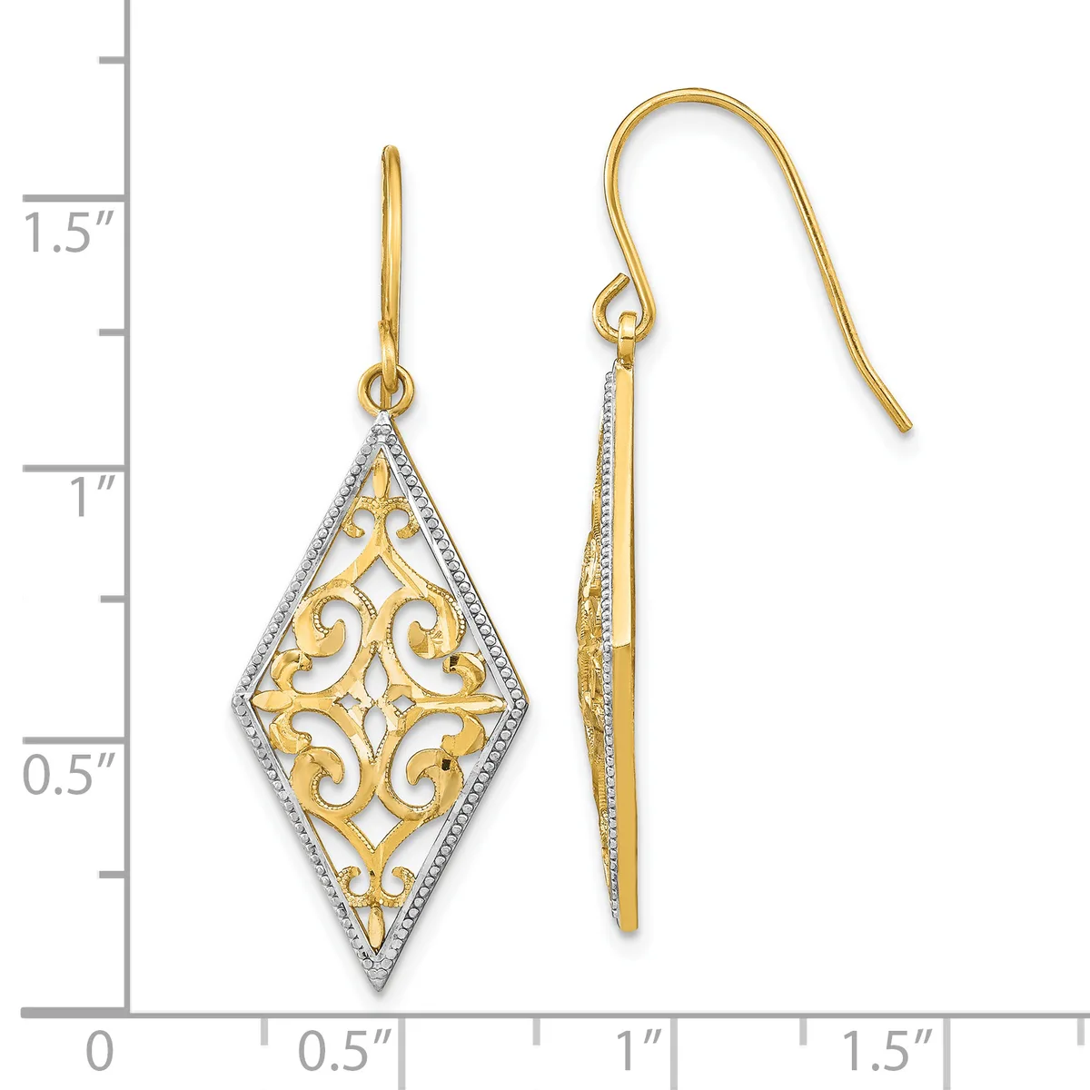 Two-tone gold and diamond filigree diamond-shaped dangle earrings with fish hook wires, displayed next to a measurement scale showing approximately 1.5 inches in length.