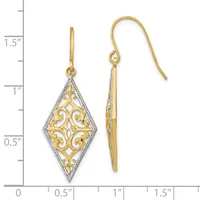 Two-tone gold and diamond filigree diamond-shaped dangle earrings with fish hook wires, displayed next to a measurement scale showing approximately 1.5 inches in length.