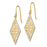 Pair of gold filigree diamond-shaped earrings with ornate scrollwork design and diamond accents, suspended from gold wire hooks.
