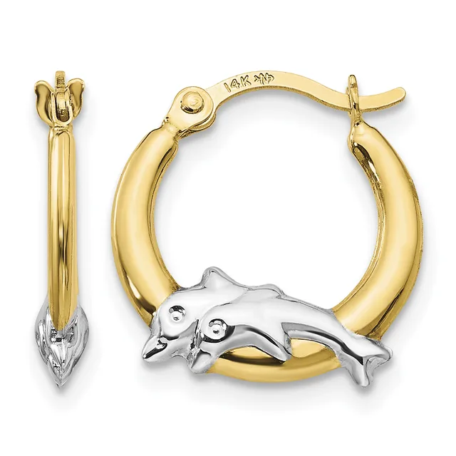 Two-tone gold hoop earrings with a polished yellow gold curved tube and a white gold dolphin charm accent, shown from front and side views.